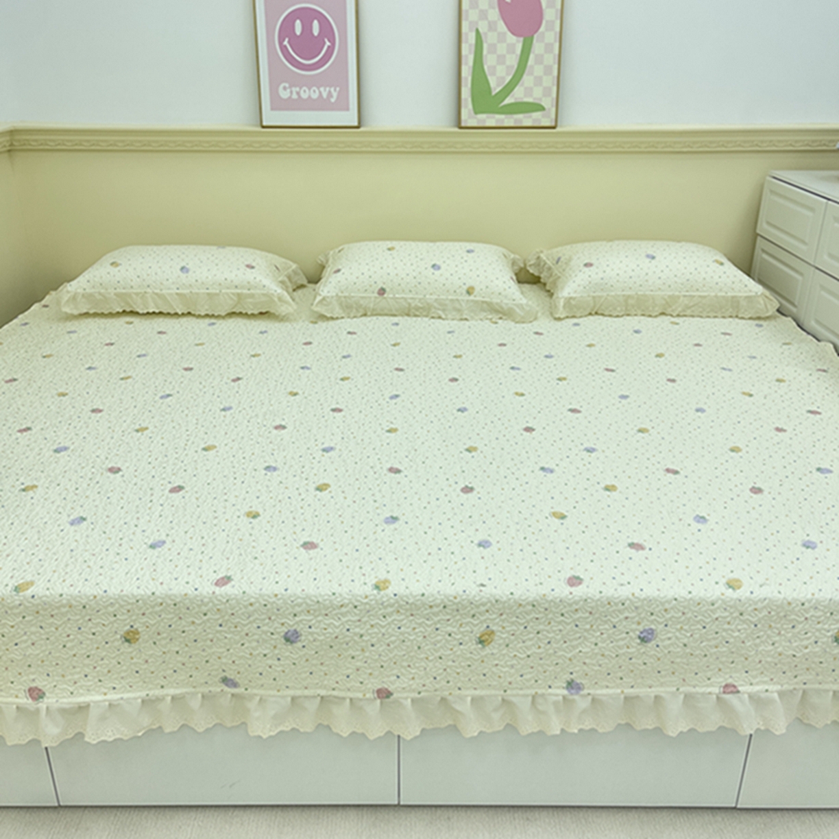 91家纺网 家纺一手货源 找家纺 禧瑞谷 2026法式纯棉绗缝全棉榻榻米床盖防滑加厚纯棉床单夹棉三件套床盖纯棉东北农大炕盖 莓果点点