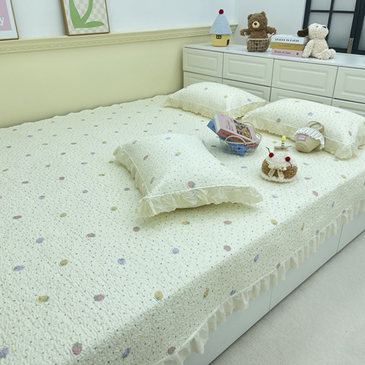 91家纺网 家纺一手货源 找家纺 禧瑞谷 2026法式纯棉绗缝全棉榻榻米床盖防滑加厚纯棉床单夹棉三件套床盖纯棉东北农大炕盖 莓果点点