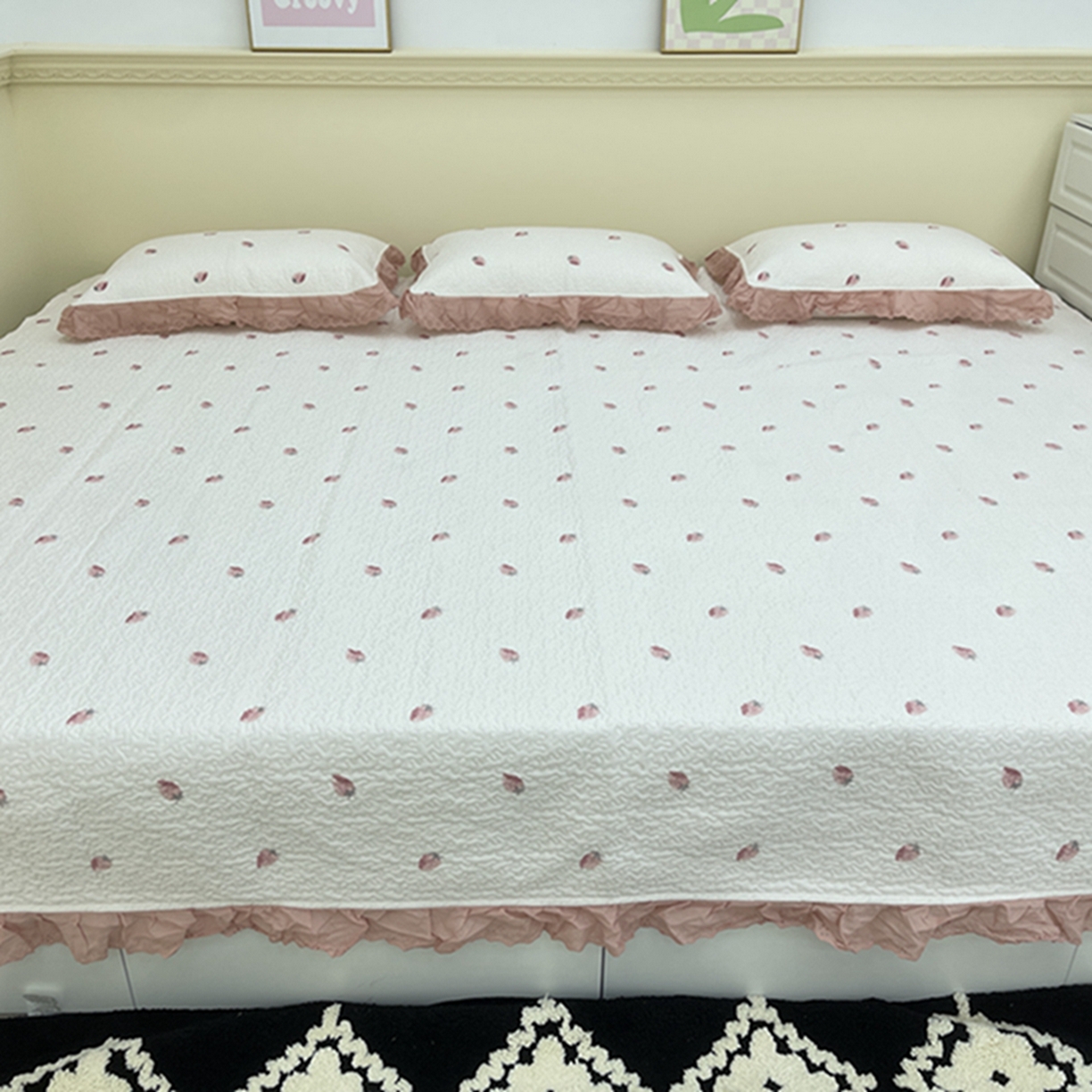 禧瑞谷 2026法式纯棉绗缝全棉榻榻米床盖防滑加厚纯棉床单夹棉三件套床盖纯棉东北农大炕盖 奶油草莓