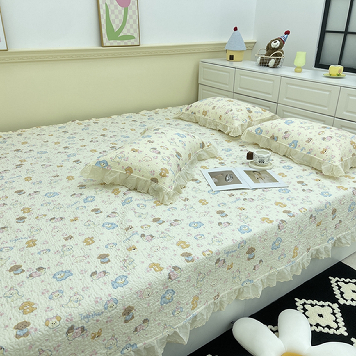 91家纺网 家纺一手货源 找家纺 禧瑞谷 2026法式纯棉绗缝全棉榻榻米床盖防滑加厚纯棉床单夹棉三件套床盖纯棉东北农大炕盖 奶油小狗