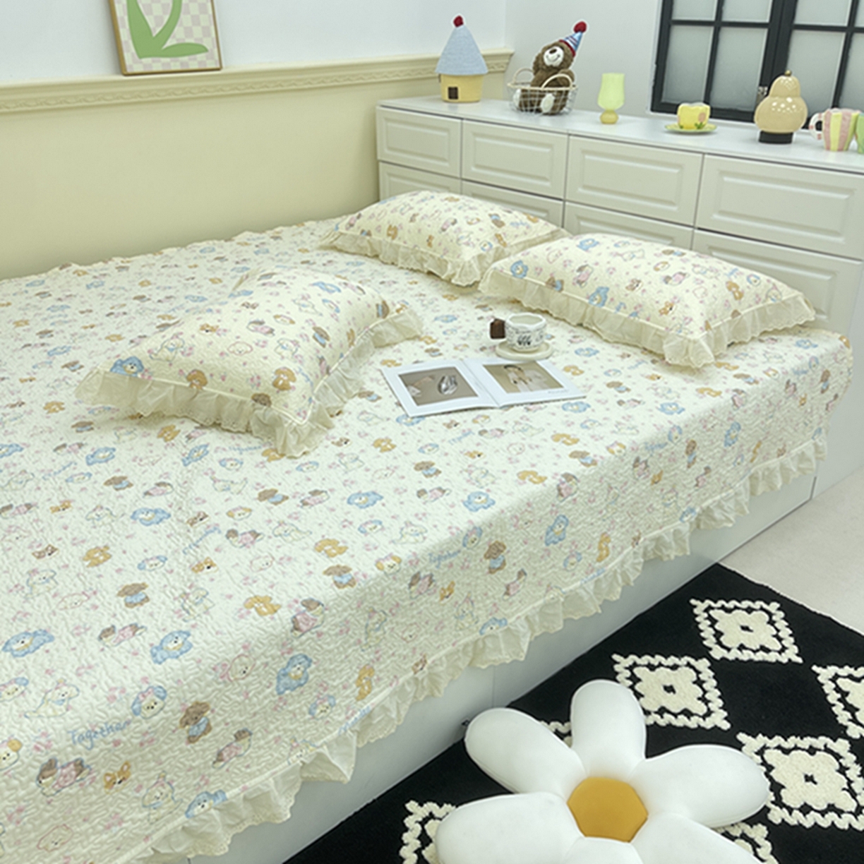 91家纺网 家纺一手货源 找家纺 禧瑞谷 2026法式纯棉绗缝全棉榻榻米床盖防滑加厚纯棉床单夹棉三件套床盖纯棉东北农大炕盖 奶油小狗