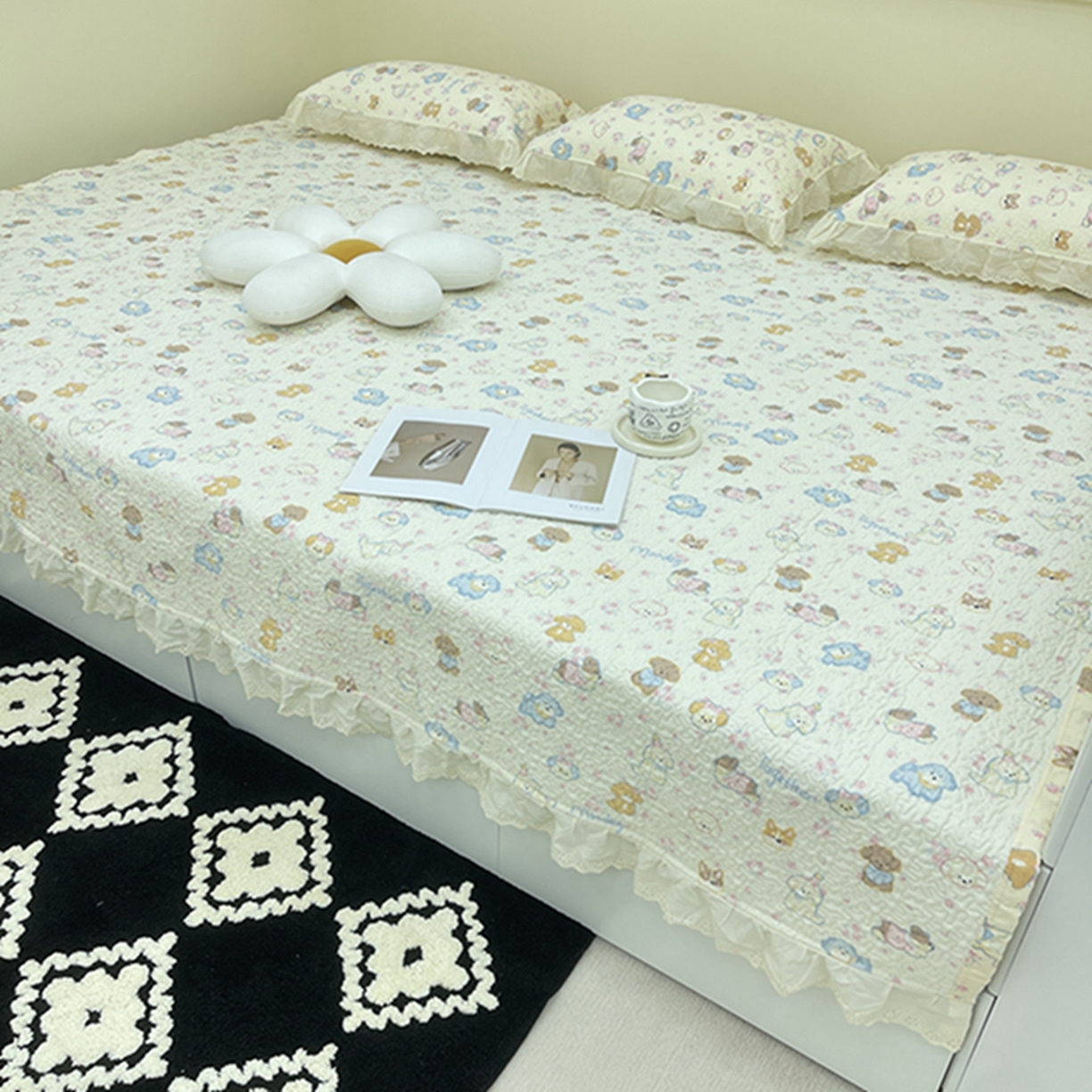 91家纺网 家纺一手货源 找家纺 禧瑞谷 2026法式纯棉绗缝全棉榻榻米床盖防滑加厚纯棉床单夹棉三件套床盖纯棉东北农大炕盖 奶油小狗