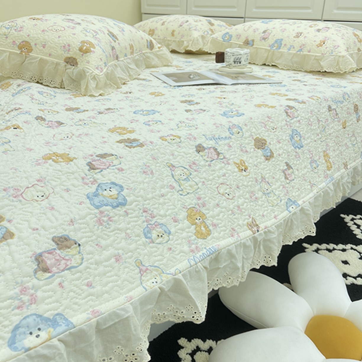 91家纺网 家纺一手货源 找家纺 禧瑞谷 2026法式纯棉绗缝全棉榻榻米床盖防滑加厚纯棉床单夹棉三件套床盖纯棉东北农大炕盖 奶油小狗