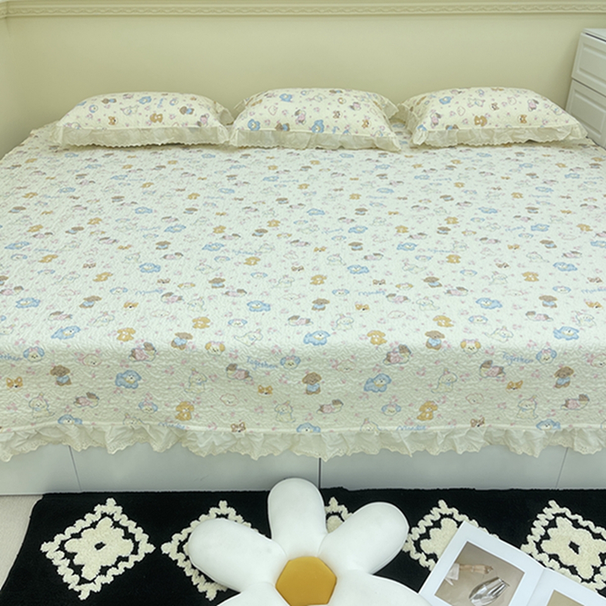 91家纺网 家纺一手货源 找家纺 禧瑞谷 2026法式纯棉绗缝全棉榻榻米床盖防滑加厚纯棉床单夹棉三件套床盖纯棉东北农大炕盖 奶油小狗