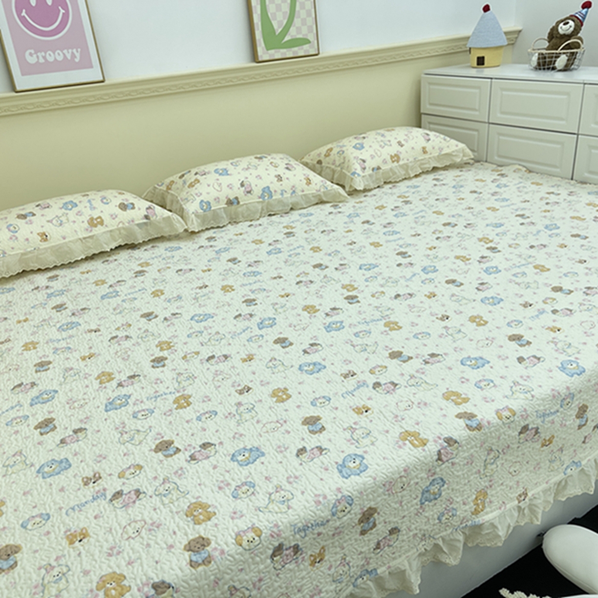 91家纺网 家纺一手货源 找家纺 禧瑞谷 2026法式纯棉绗缝全棉榻榻米床盖防滑加厚纯棉床单夹棉三件套床盖纯棉东北农大炕盖 奶油小狗