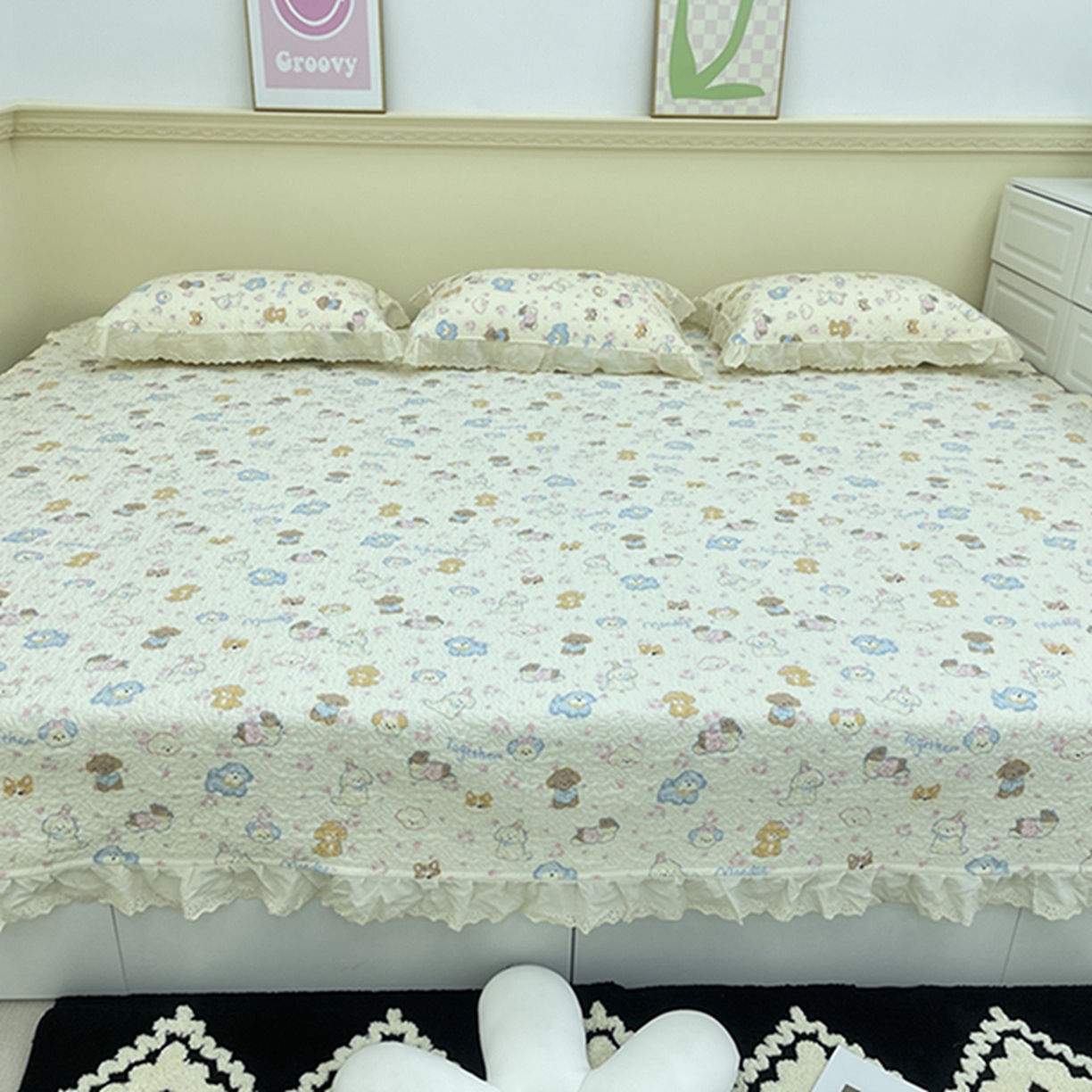 91家纺网 家纺一手货源 找家纺 禧瑞谷 2026法式纯棉绗缝全棉榻榻米床盖防滑加厚纯棉床单夹棉三件套床盖纯棉东北农大炕盖 奶油小狗