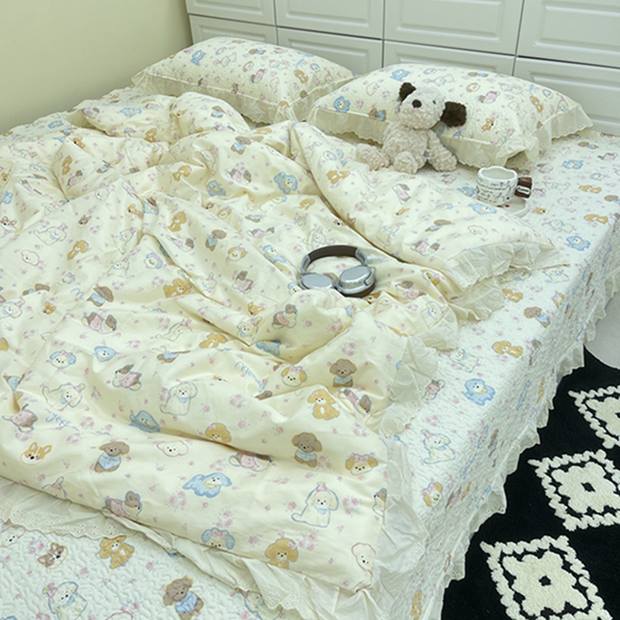 91家纺网 家纺一手货源 找家纺 禧瑞谷 2026法式纯棉绗缝全棉榻榻米床盖防滑加厚纯棉床单夹棉三件套床盖纯棉东北农大炕盖 奶油小狗