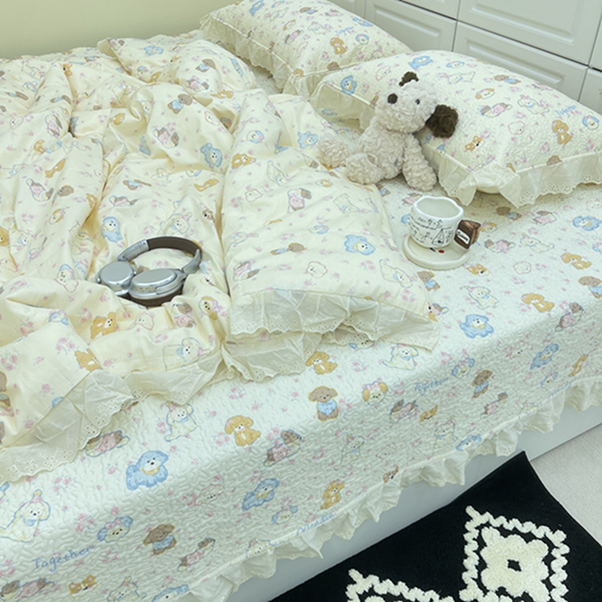 91家纺网 家纺一手货源 找家纺 禧瑞谷 2026法式纯棉绗缝全棉榻榻米床盖防滑加厚纯棉床单夹棉三件套床盖纯棉东北农大炕盖 奶油小狗