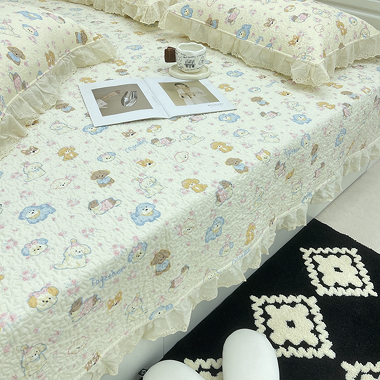 91家纺网 家纺一手货源 找家纺 禧瑞谷 2026法式纯棉绗缝全棉榻榻米床盖防滑加厚纯棉床单夹棉三件套床盖纯棉东北农大炕盖 奶油小狗