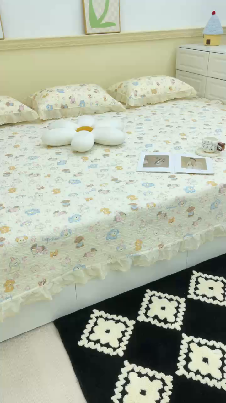 91家纺网 家纺一手货源 找家纺 禧瑞谷 2026法式纯棉绗缝全棉榻榻米床盖防滑加厚纯棉床单夹棉三件套床盖纯棉东北农大炕盖 奶油小狗