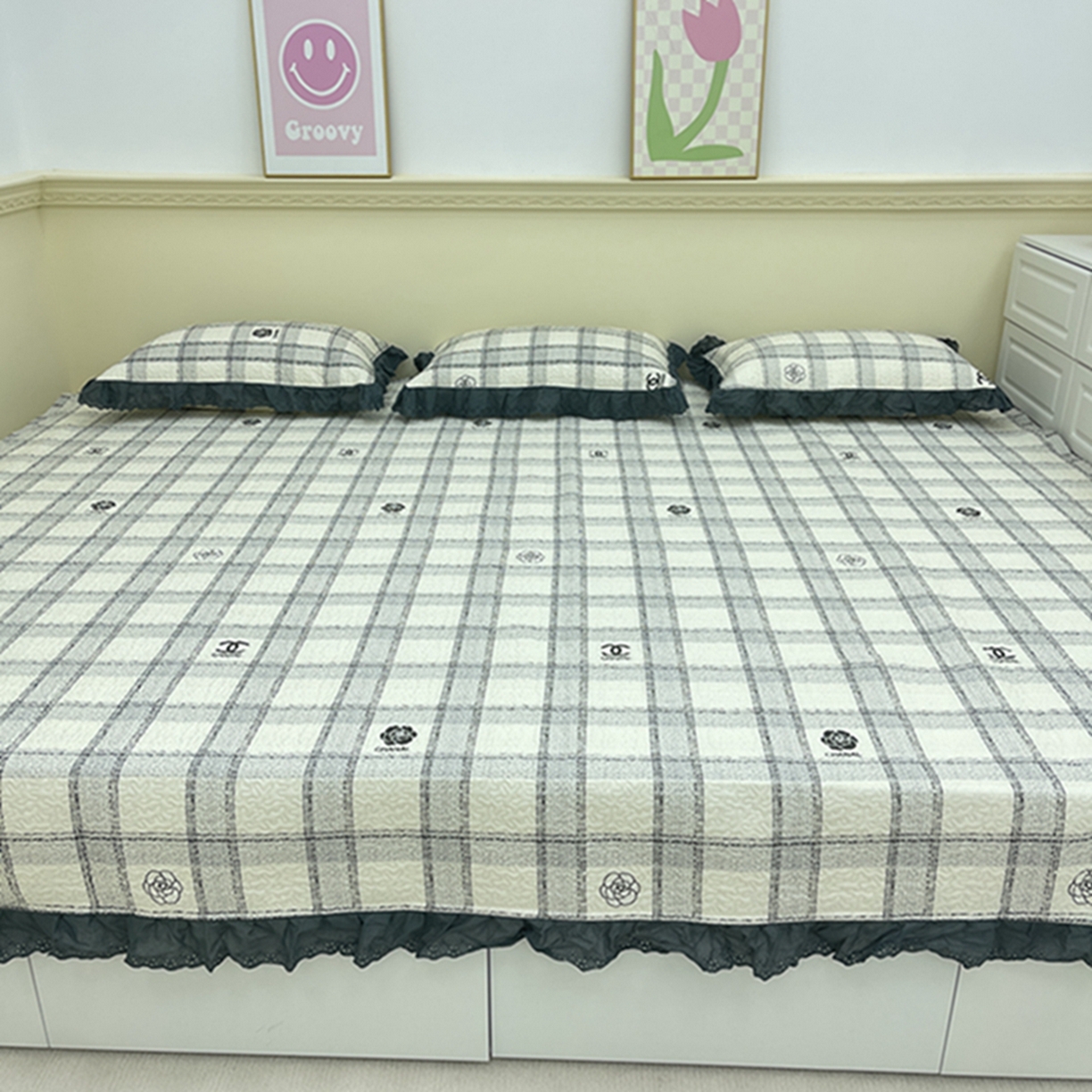 禧瑞谷 2026法式纯棉绗缝全棉榻榻米床盖防滑加厚纯棉床单夹棉三件套床盖纯棉东北农大炕盖 香香格子