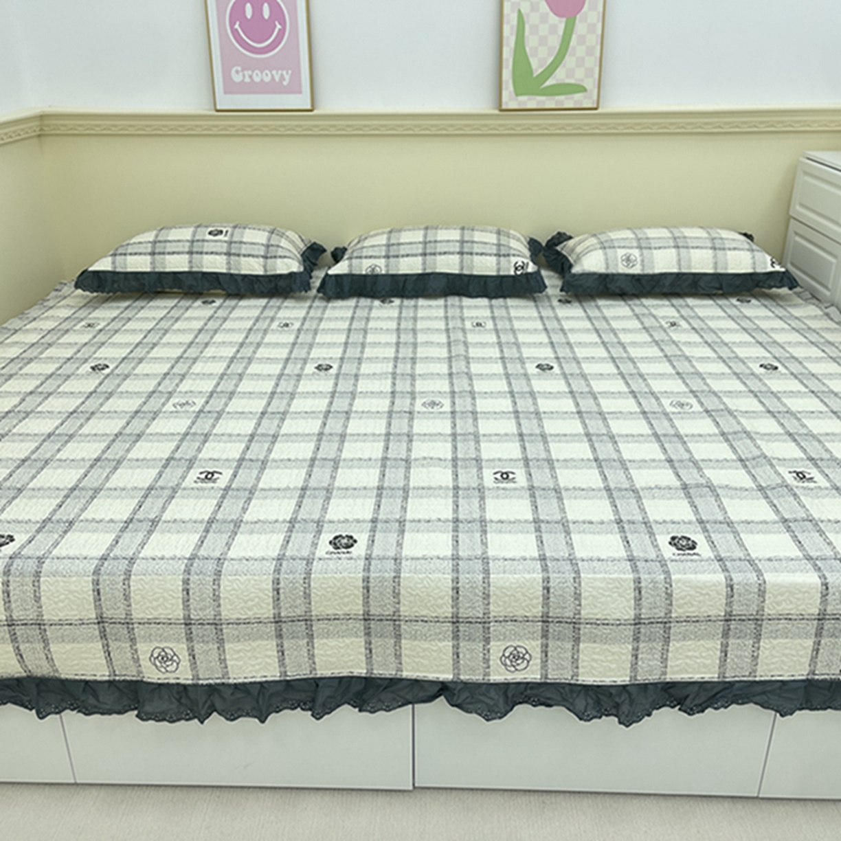 91家纺网 家纺一手货源 找家纺 禧瑞谷 2026法式纯棉绗缝全棉榻榻米床盖防滑加厚纯棉床单夹棉三件套床盖纯棉东北农大炕盖 香香格子