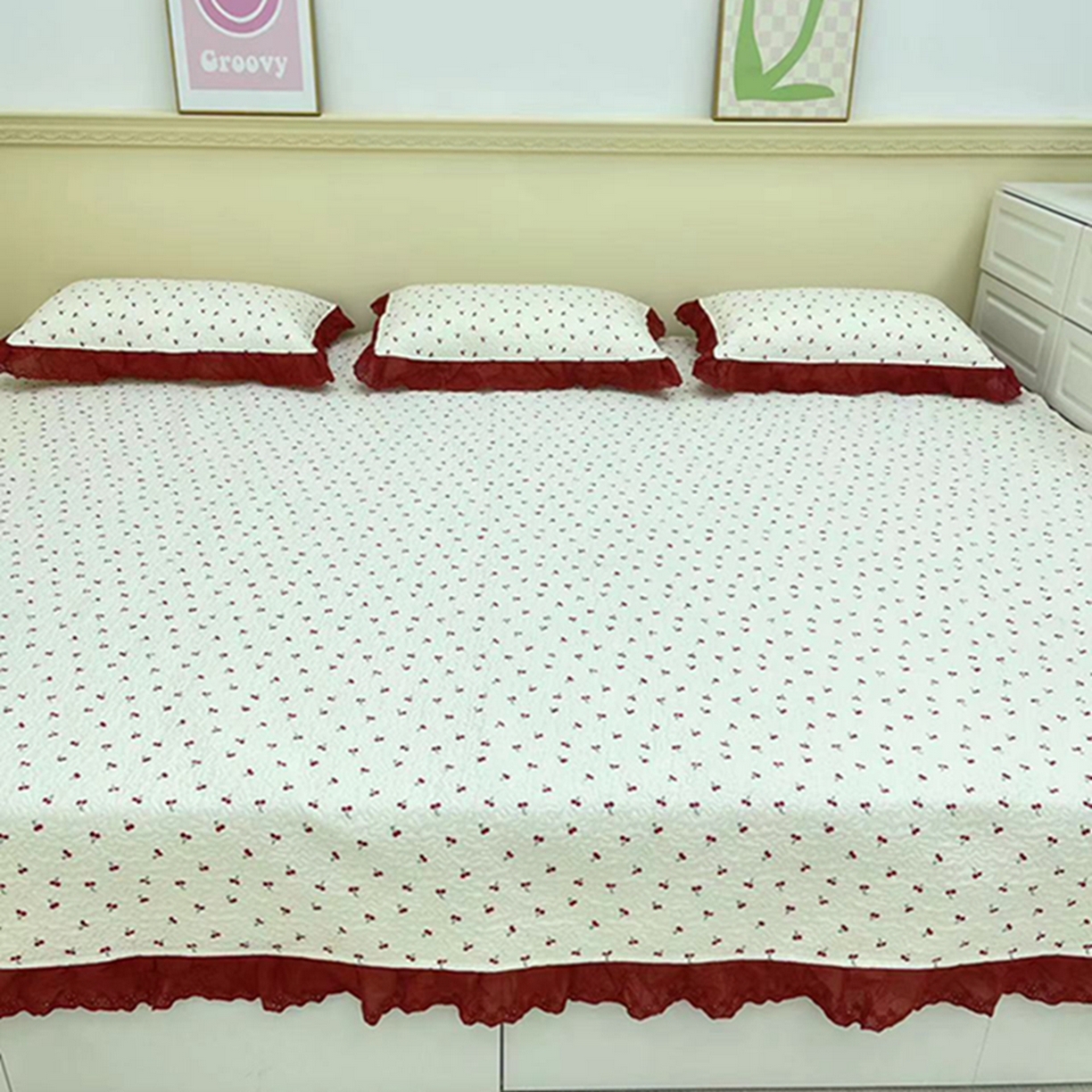 禧瑞谷 2026法式纯棉绗缝全棉榻榻米床盖防滑加厚纯棉床单夹棉三件套床盖纯棉东北农大炕盖 小红果