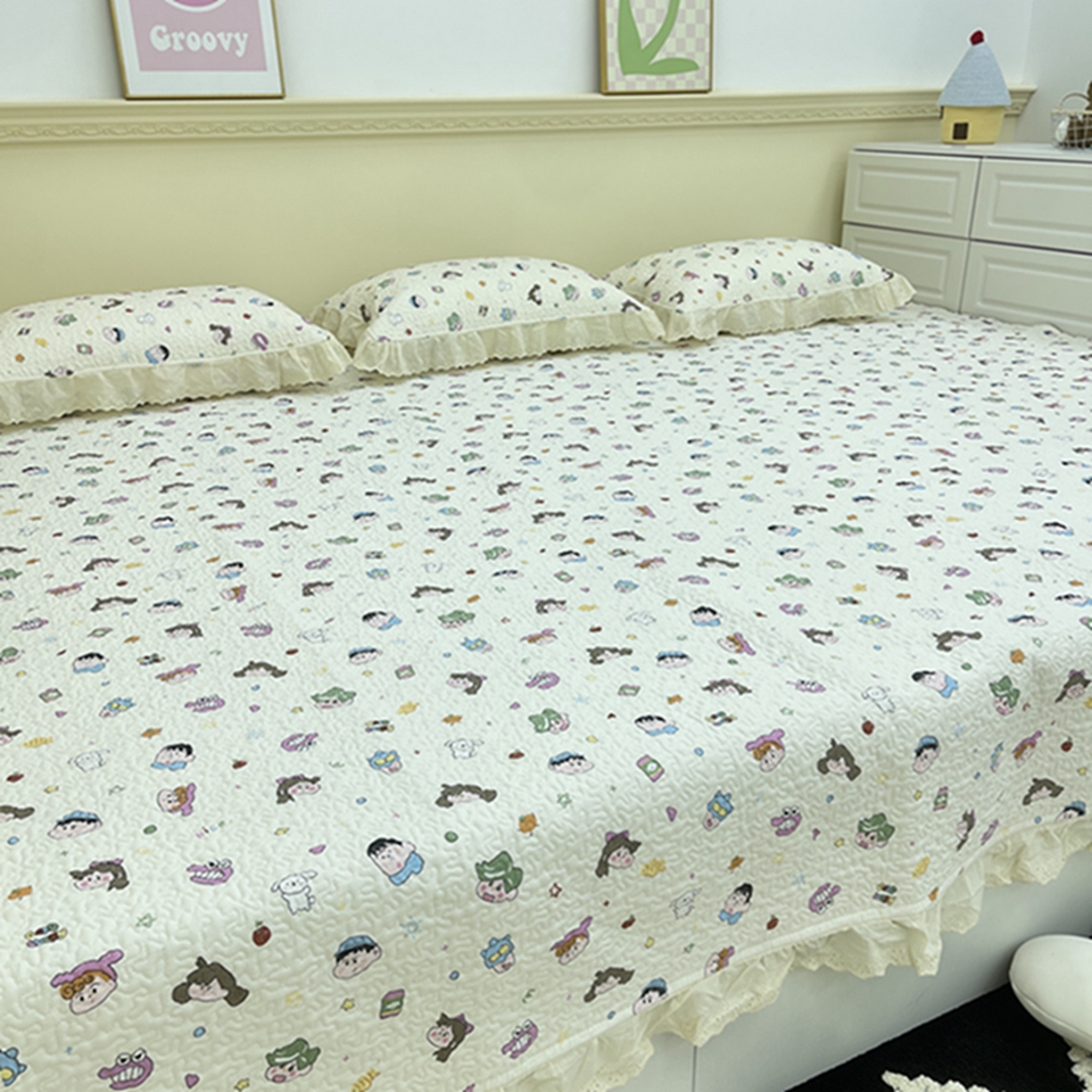 91家纺网 家纺一手货源 找家纺 禧瑞谷 2026法式纯棉绗缝全棉榻榻米床盖防滑加厚纯棉床单夹棉三件套床盖纯棉东北农大炕盖 小新一家