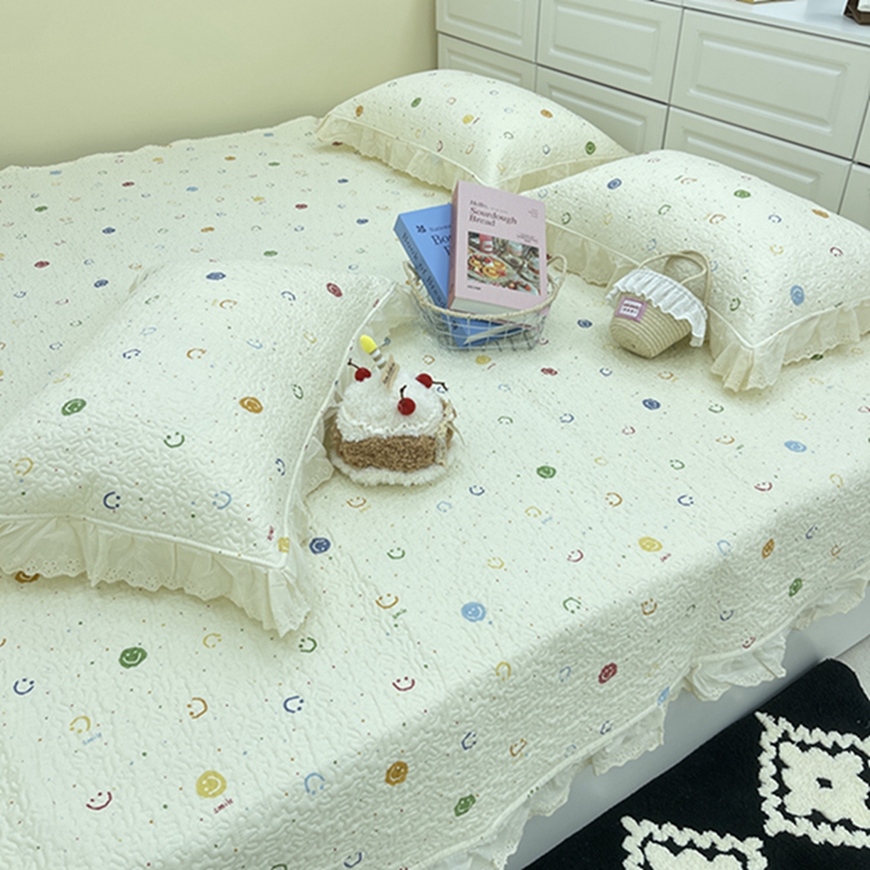 91家纺网 家纺一手货源 找家纺 禧瑞谷 2026法式纯棉绗缝全棉榻榻米床盖防滑加厚纯棉床单夹棉三件套床盖纯棉东北农大炕盖 笑脸