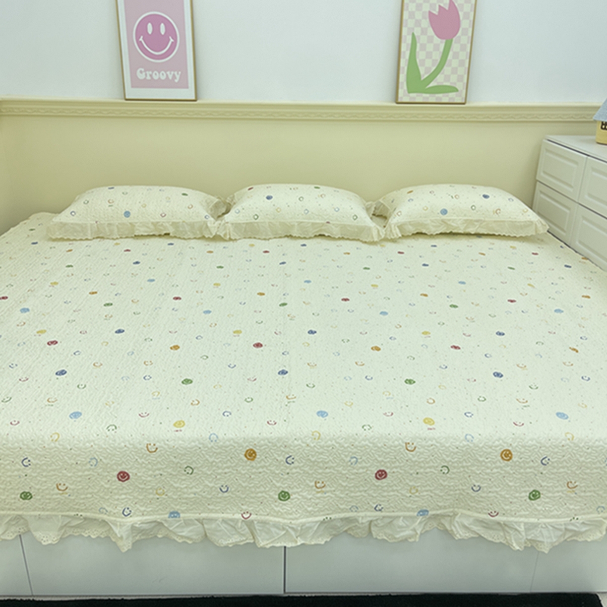 91家纺网 家纺一手货源 找家纺 禧瑞谷 2026法式纯棉绗缝全棉榻榻米床盖防滑加厚纯棉床单夹棉三件套床盖纯棉东北农大炕盖 笑脸