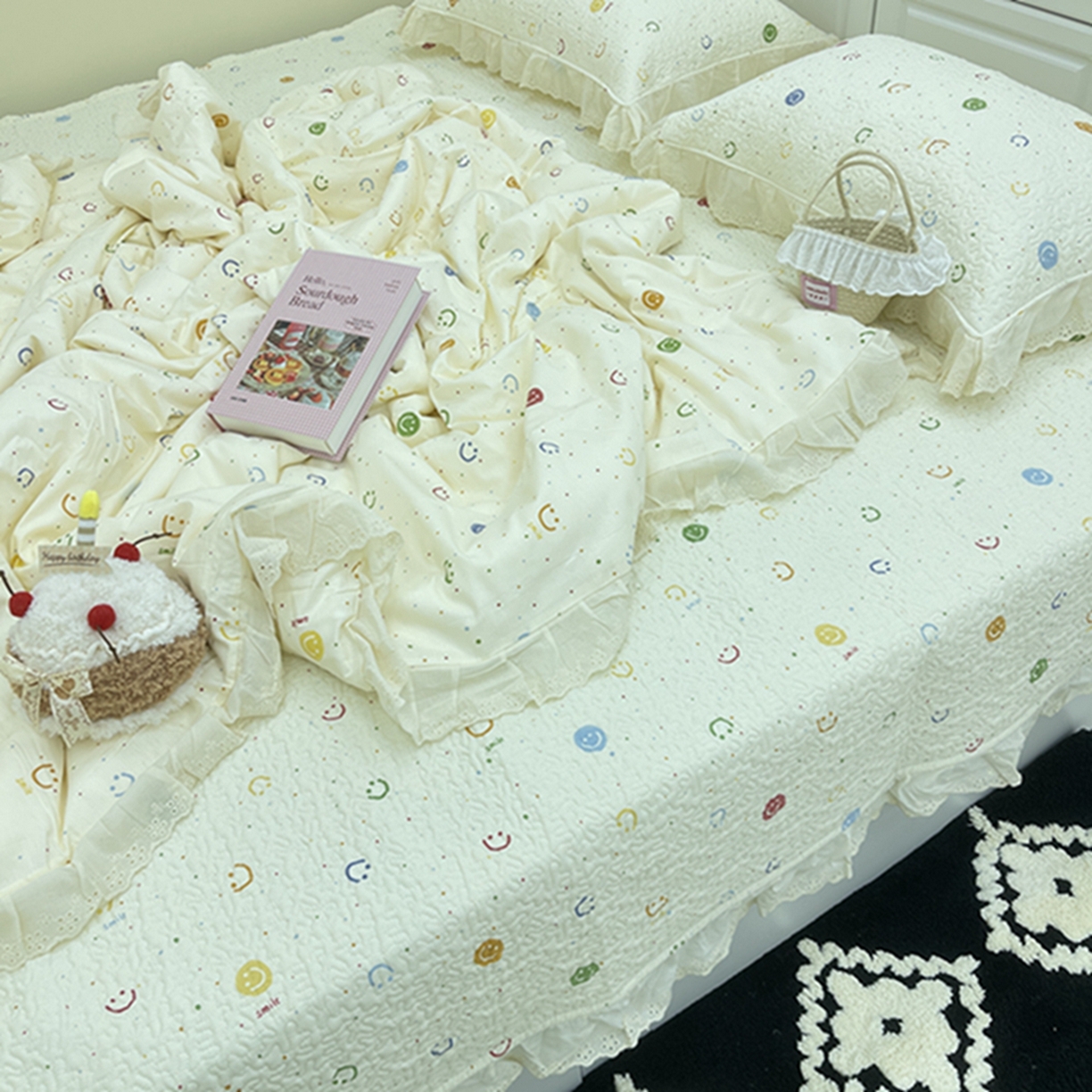 91家纺网 家纺一手货源 找家纺 禧瑞谷 2026法式纯棉绗缝全棉榻榻米床盖防滑加厚纯棉床单夹棉三件套床盖纯棉东北农大炕盖 笑脸