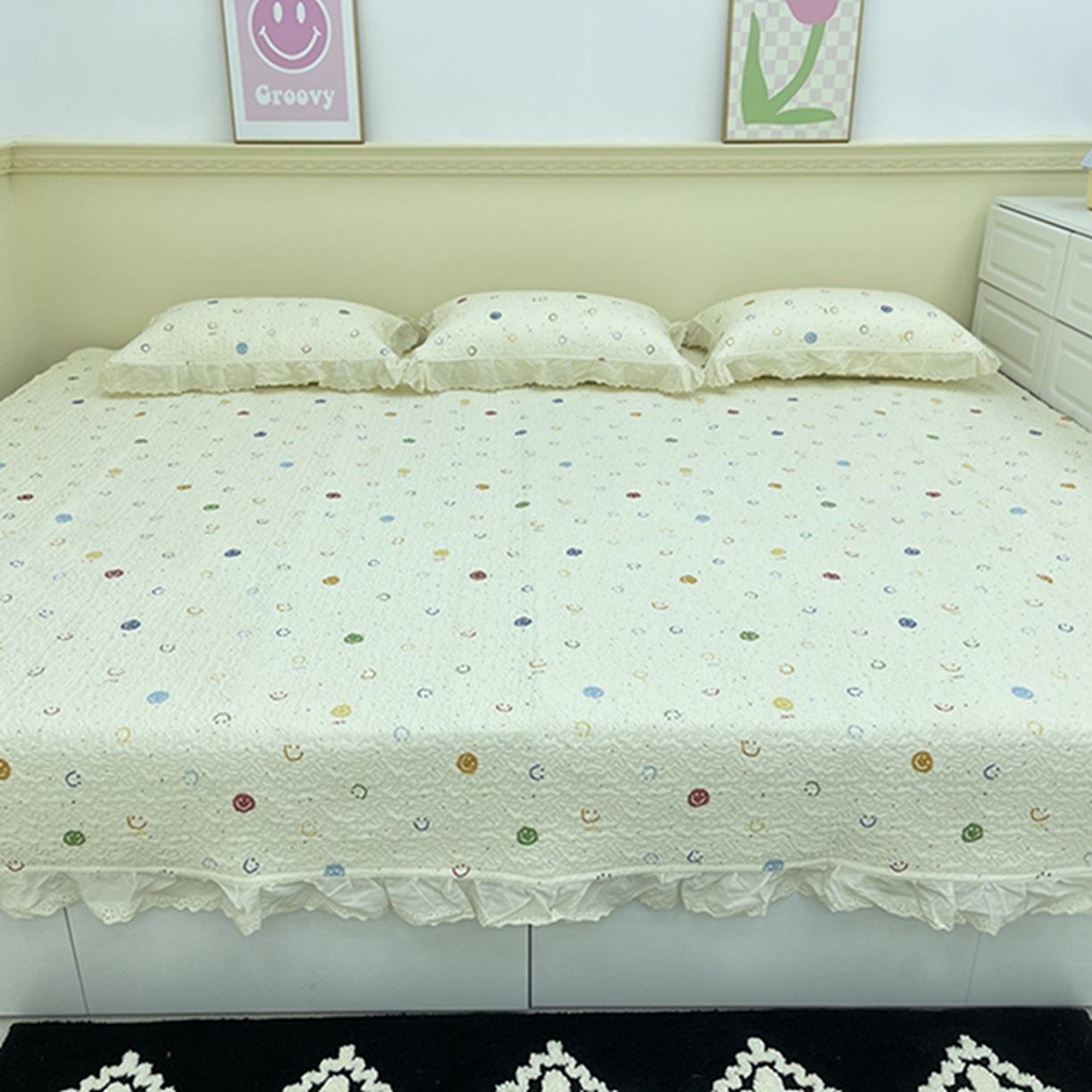 91家纺网 家纺一手货源 找家纺 禧瑞谷 2026法式纯棉绗缝全棉榻榻米床盖防滑加厚纯棉床单夹棉三件套床盖纯棉东北农大炕盖 笑脸