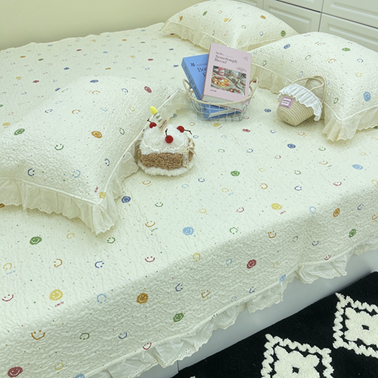 91家纺网 家纺一手货源 找家纺 禧瑞谷 2026法式纯棉绗缝全棉榻榻米床盖防滑加厚纯棉床单夹棉三件套床盖纯棉东北农大炕盖 笑脸