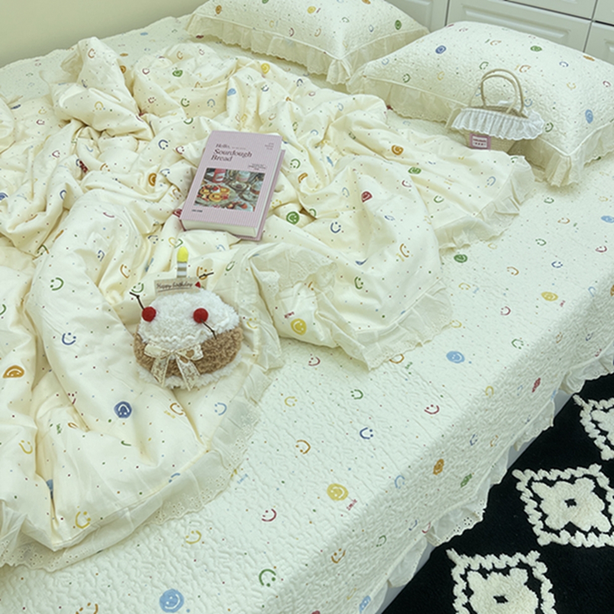 91家纺网 家纺一手货源 找家纺 禧瑞谷 2026法式纯棉绗缝全棉榻榻米床盖防滑加厚纯棉床单夹棉三件套床盖纯棉东北农大炕盖 笑脸