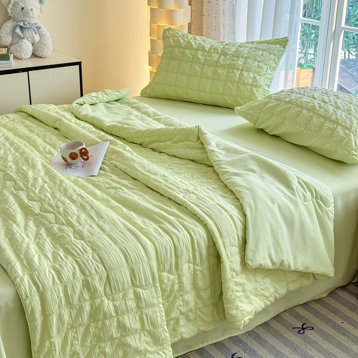 91家纺网 家纺一手货源 找家纺 卡斯诺家纺馆 2026新款亲肤泡泡纱夏被四件套 苹果绿