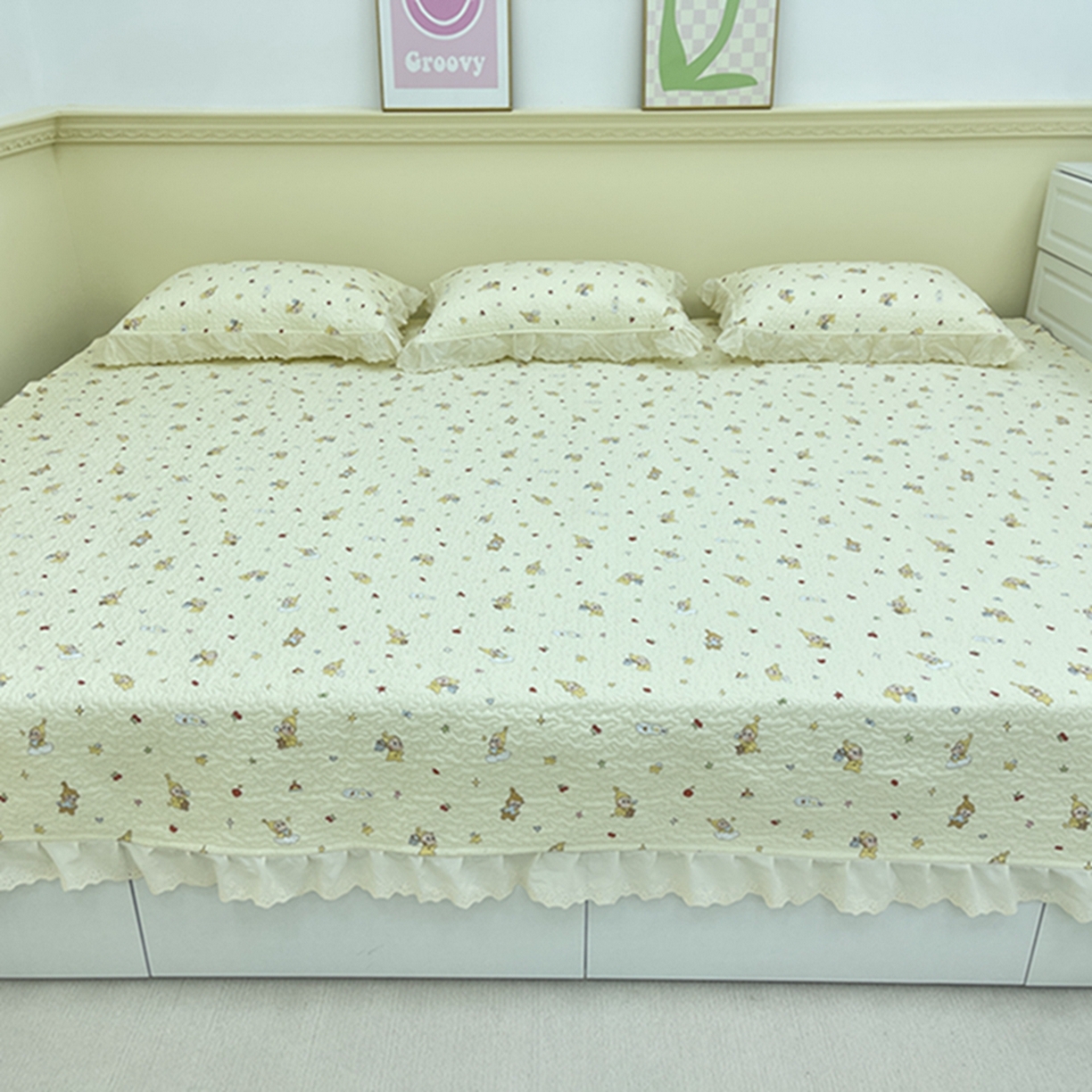 91家纺网 家纺一手货源 找家纺 禧瑞谷 2026法式纯棉绗缝全棉榻榻米床盖防滑加厚纯棉床单夹棉三件套床盖纯棉东北农大炕盖 星星人