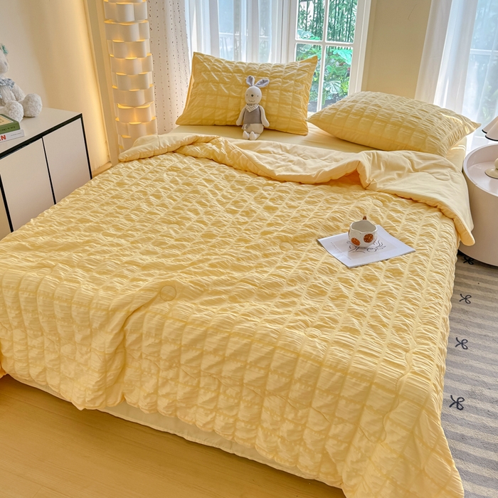 91家纺网 家纺一手货源 找家纺 卡斯诺家纺馆 2026新款亲肤泡泡纱夏被四件套 柠檬黄