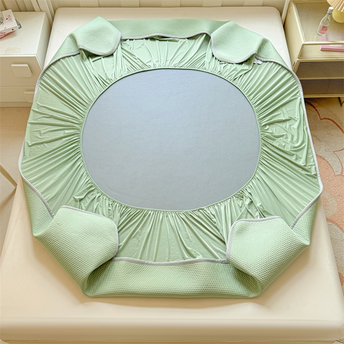 91家纺网 家纺一手货源 找家纺 雯豆家纺 2026春夏新款凉感丝豆豆床笠三件套加厚三明治床垫保护套 凉感丝豆豆床笠-春辰绿