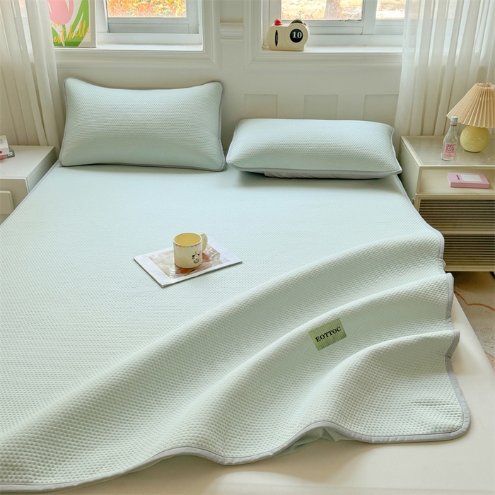 91家纺网 家纺一手货源 找家纺 雯豆家纺 2026春夏新款凉感丝豆豆床笠三件套加厚三明治床垫保护套 凉感丝豆豆床笠-海港蓝