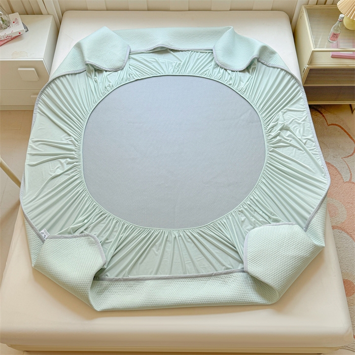 91家纺网 家纺一手货源 找家纺 雯豆家纺 2026春夏新款凉感丝豆豆床笠三件套加厚三明治床垫保护套 凉感丝豆豆床笠-海港蓝