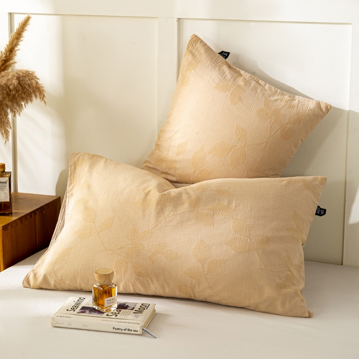 恋人优选 2026新款全棉提花枕套 樱花叶-卡其