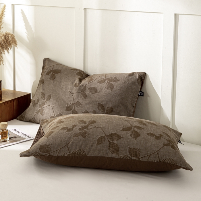 91家纺网 家纺一手货源 找家纺 恋人优选 2026新款全棉提花枕套 樱花叶-咖