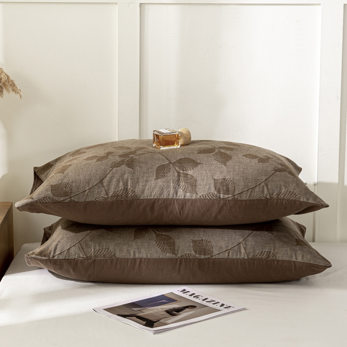 91家纺网 家纺一手货源 找家纺 恋人优选 2026新款全棉提花枕套 樱花叶-咖