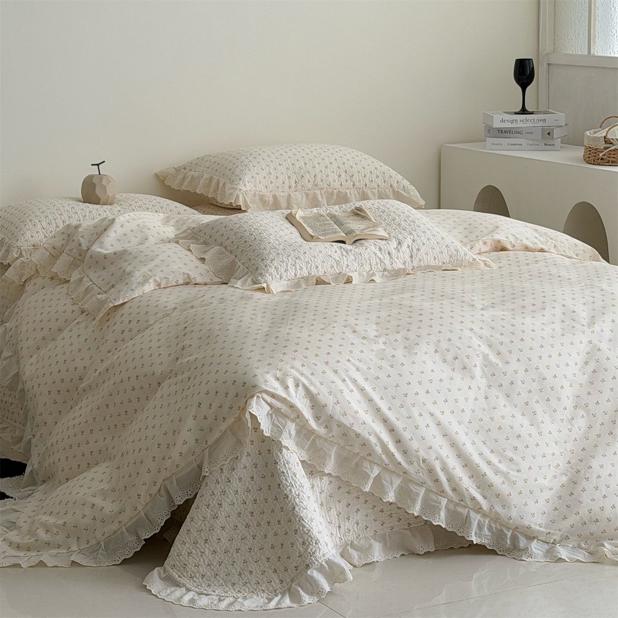 91家纺网 家纺一手货源 找家纺 佰织鑫家居 2026新款全棉法式砂洗棉花床盖款被套四件套  花语