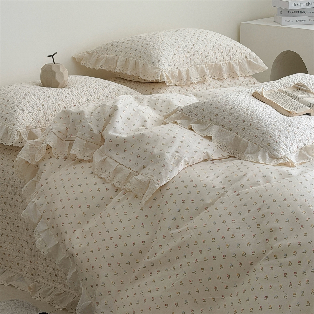 91家纺网 家纺一手货源 找家纺 佰织鑫家居 2026新款全棉法式砂洗棉花床盖款被套四件套  花语