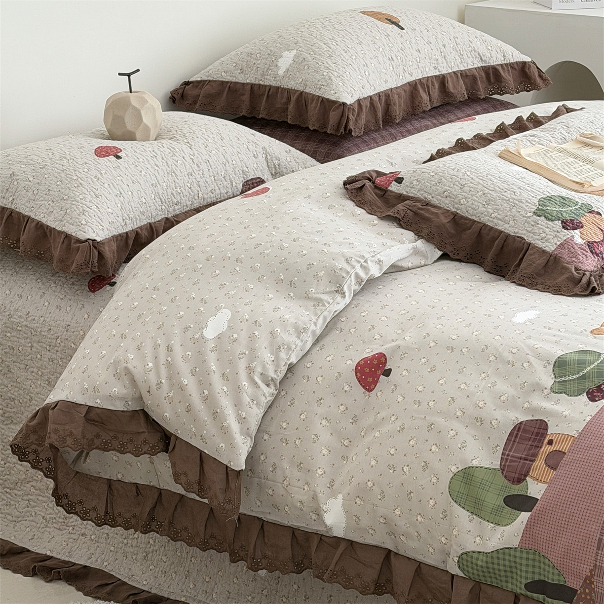 91家纺网 家纺一手货源 找家纺 佰织鑫家居 2026新款全棉法式砂洗棉花床盖款被套四件套 森林物语