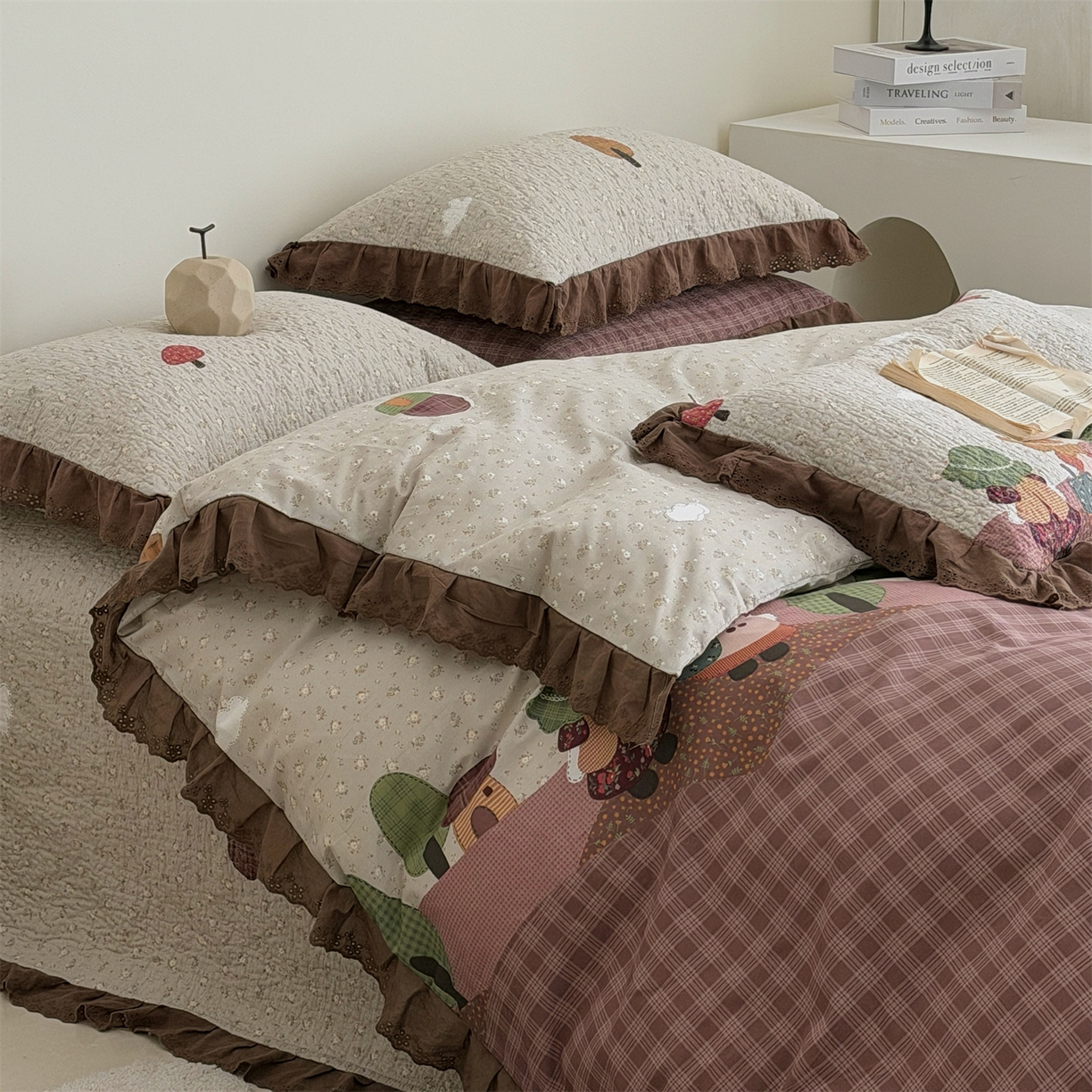 91家纺网 家纺一手货源 找家纺 佰织鑫家居 2026新款全棉法式砂洗棉花床盖款被套四件套 森林物语