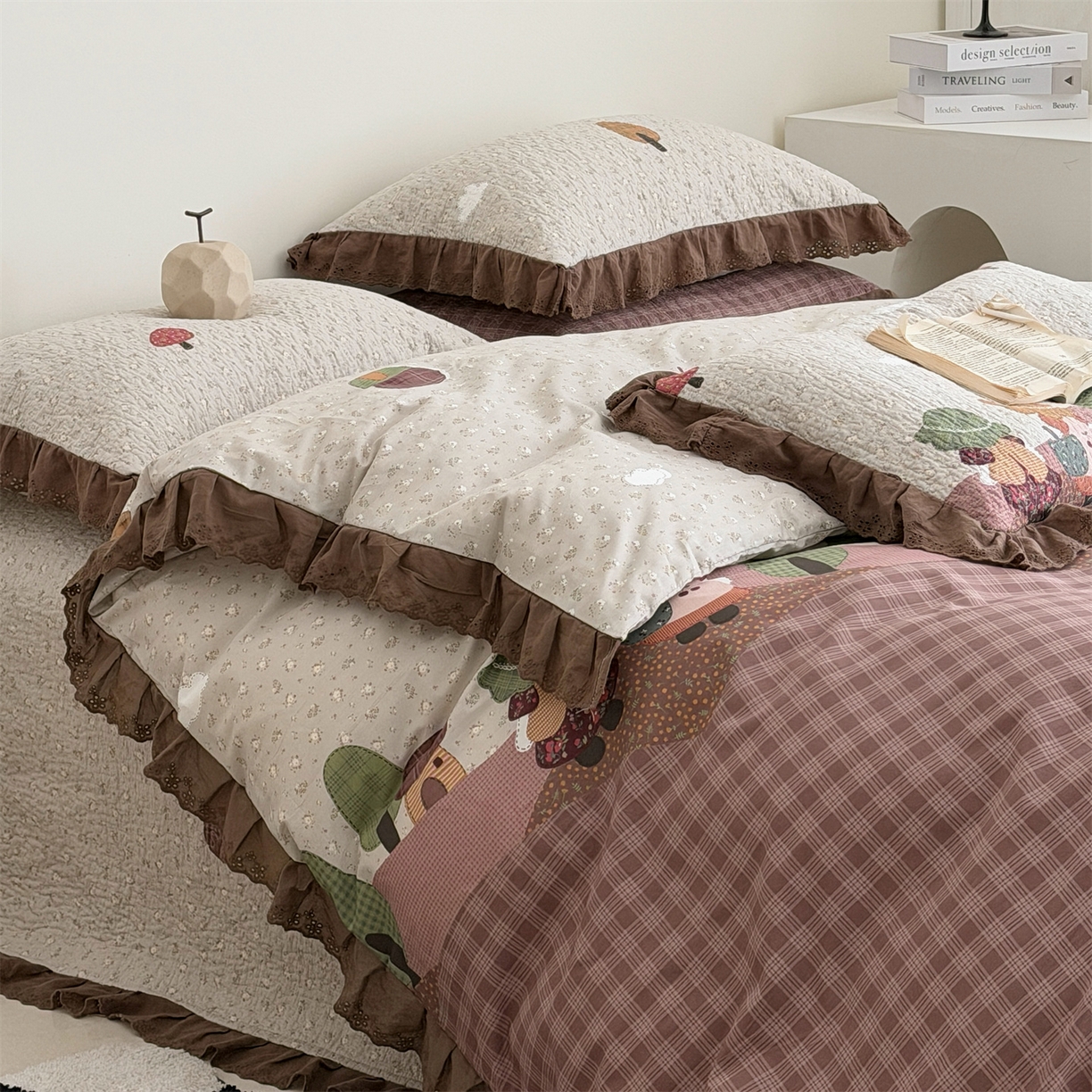 91家纺网 家纺一手货源 找家纺 佰织鑫家居 2026新款全棉法式砂洗棉花床盖款被套四件套 森林物语