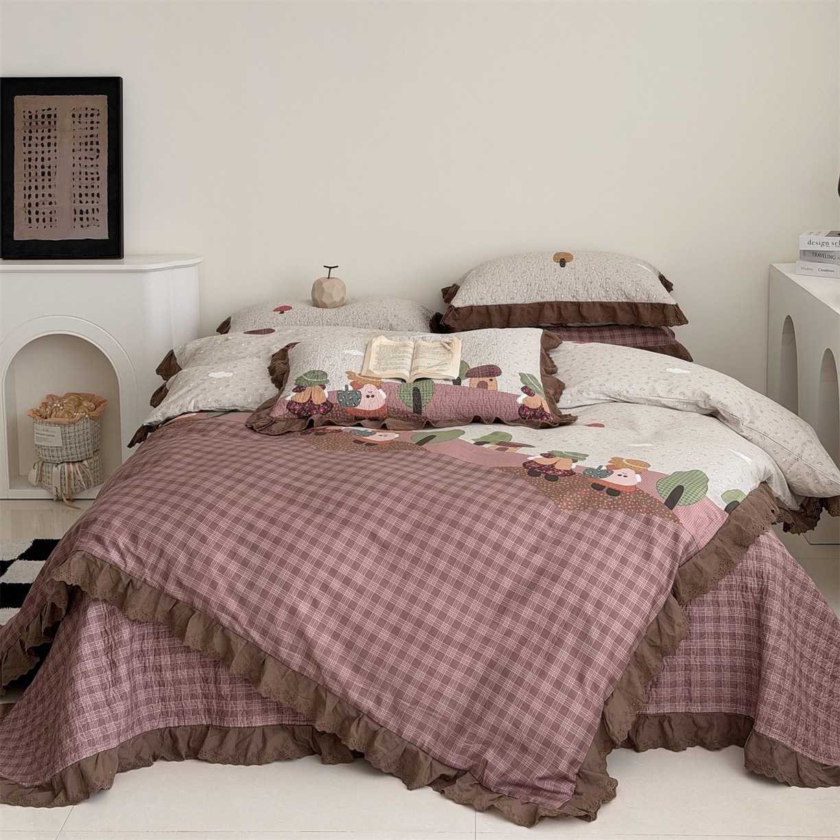 91家纺网 家纺一手货源 找家纺 佰织鑫家居 2026新款全棉法式砂洗棉花床盖款被套四件套 森林物语