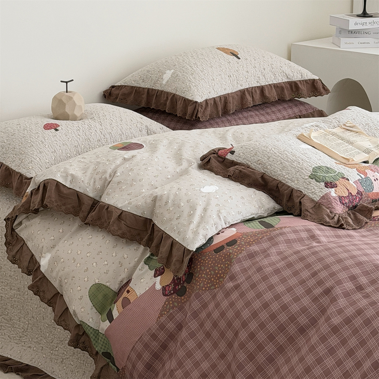 91家纺网 家纺一手货源 找家纺 佰织鑫家居 2026新款全棉法式砂洗棉花床盖款被套四件套 森林物语