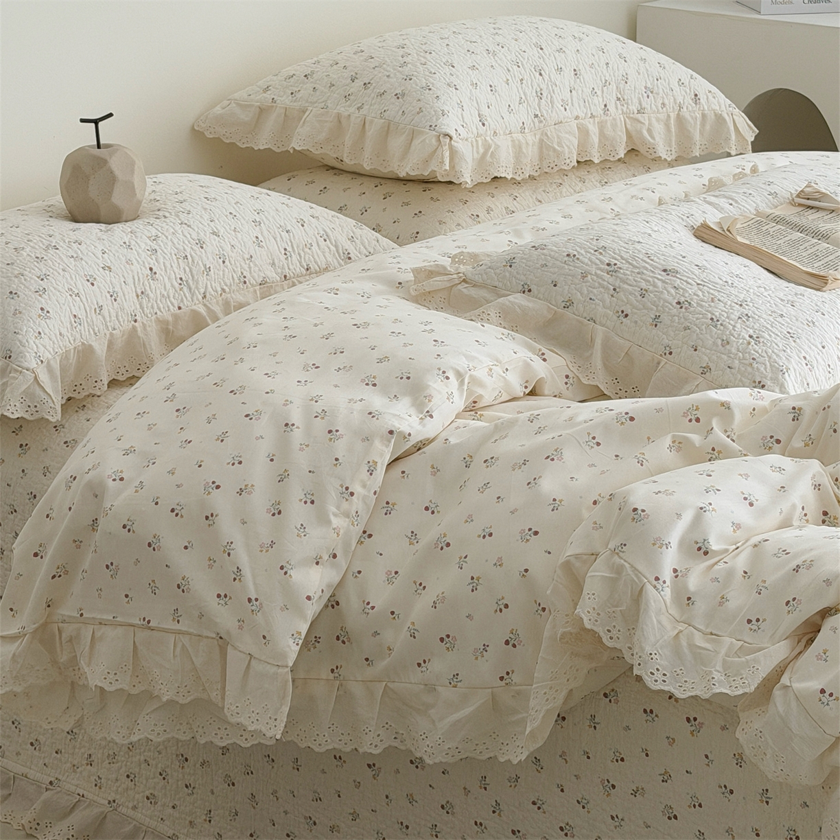 91家纺网 家纺一手货源 找家纺 佰织鑫家居 2026新款全棉法式砂洗棉花床盖款被套四件套 酸奶草莓