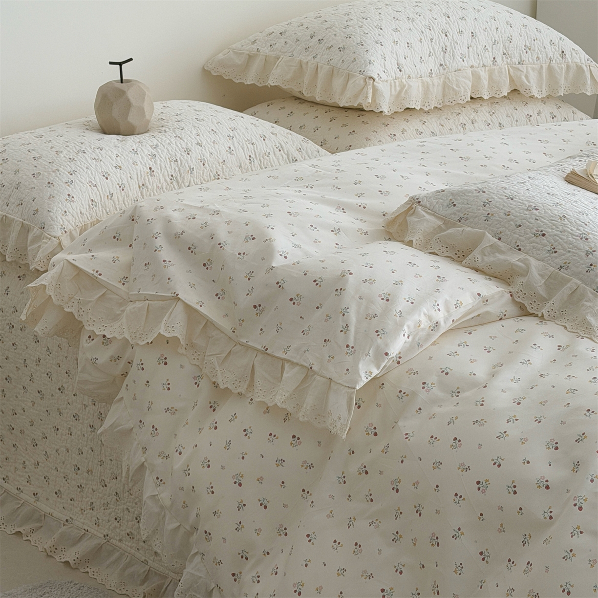 91家纺网 家纺一手货源 找家纺 佰织鑫家居 2026新款全棉法式砂洗棉花床盖款被套四件套 酸奶草莓