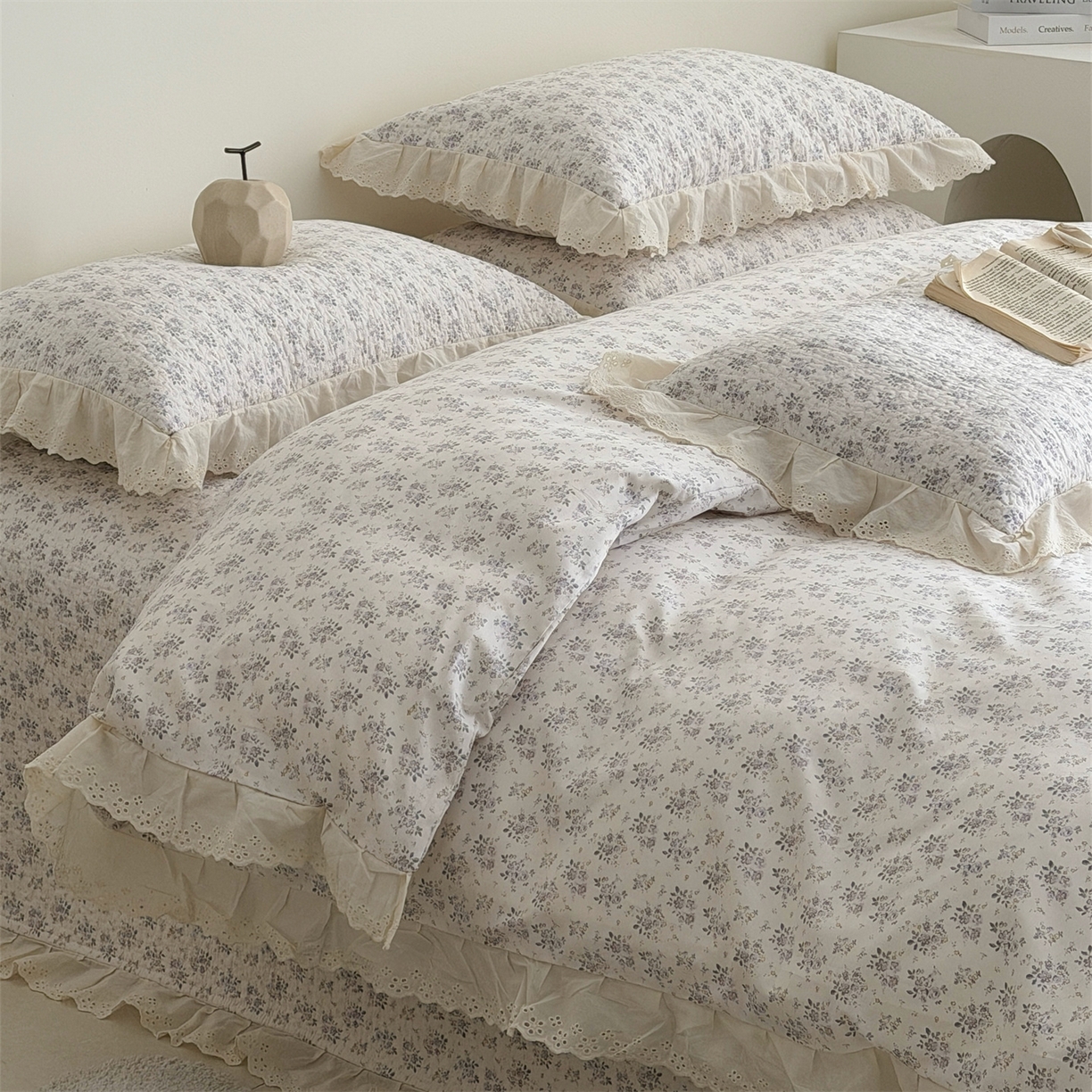 91家纺网 家纺一手货源 找家纺 佰织鑫家居 2026新款全棉法式砂洗棉花床盖款被套四件套 紫遇