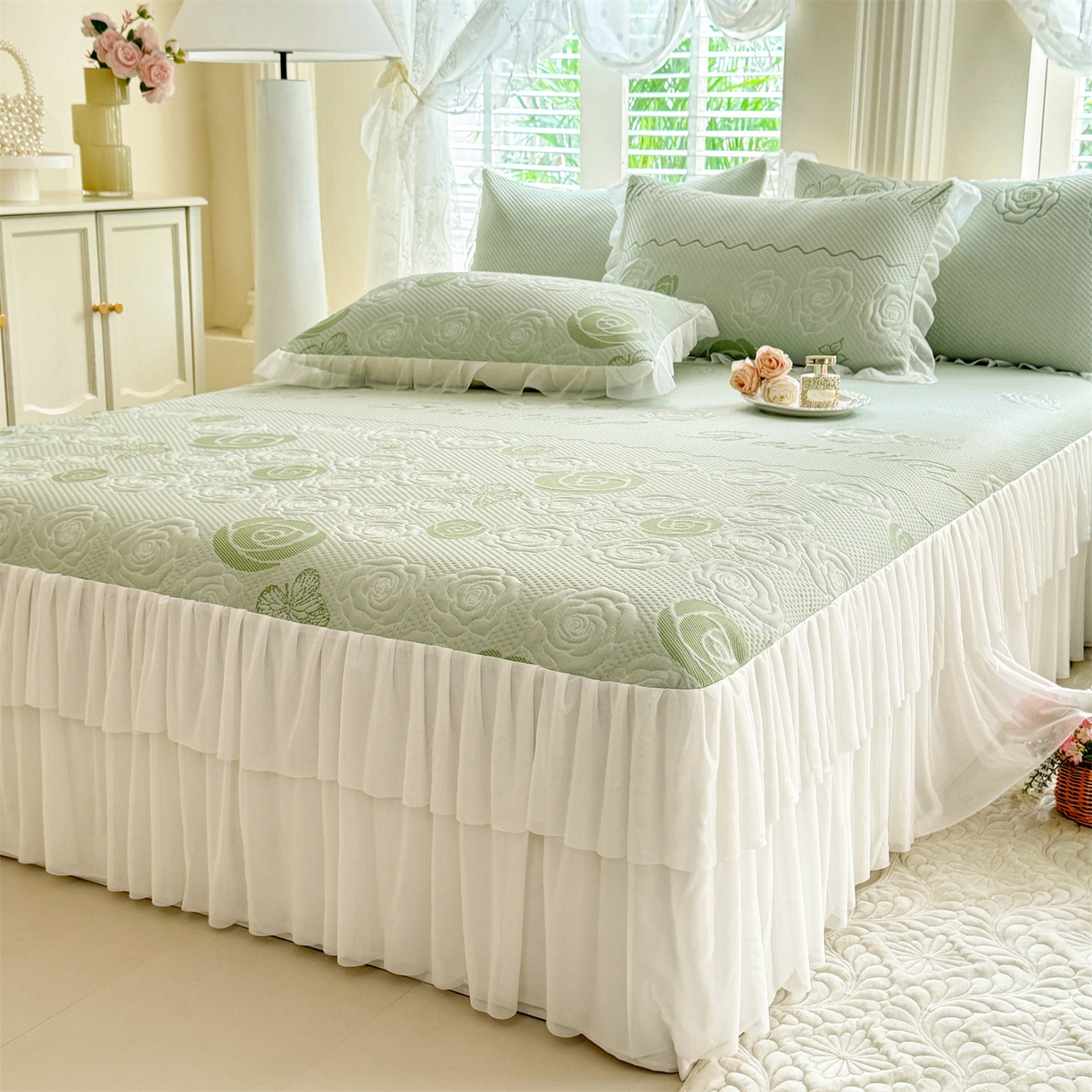91家纺网 家纺一手货源 找家纺 绒棉世家 2026新款A类凉感豆豆席三件套床裙款软席子 花韵-清新绿