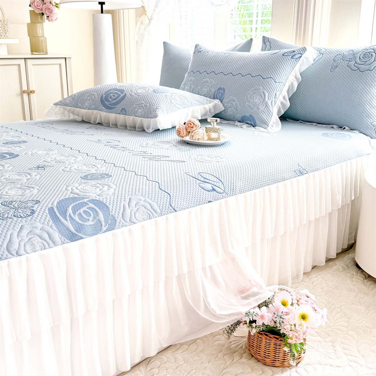 91家纺网 家纺一手货源 找家纺 （总）绒棉世家 2026新款A类凉感豆豆席三件套床裙款软席子