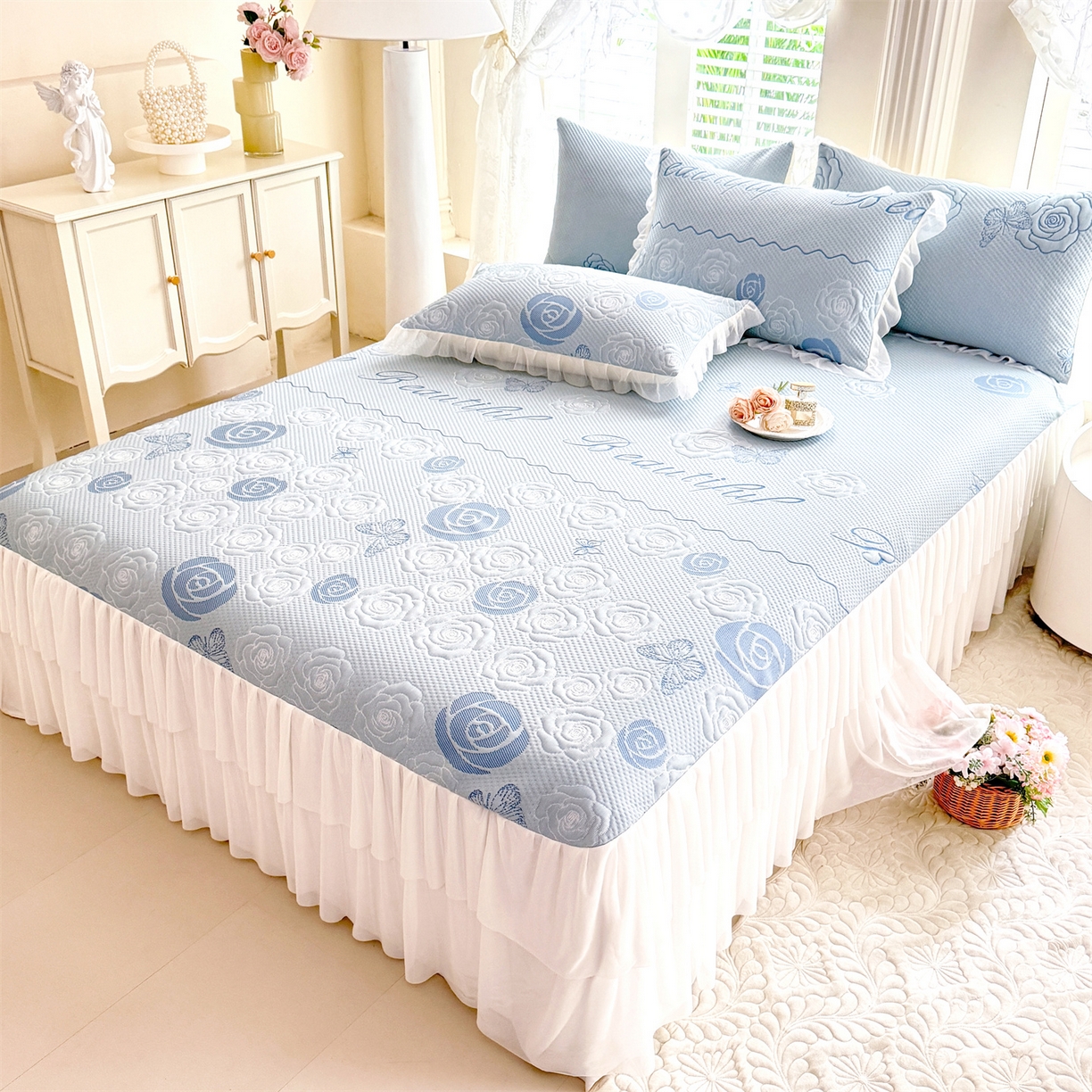 绒棉世家 2026新款A类凉感豆豆席三件套床裙款软席子 花韵-天蓝