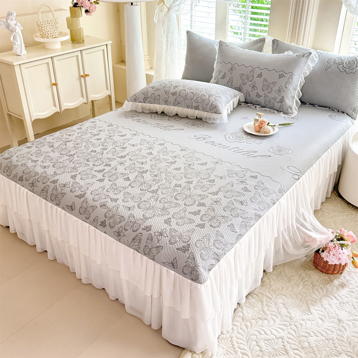 绒棉世家 2026新款A类凉感豆豆席三件套床裙款软席子 蝶舞-山灰