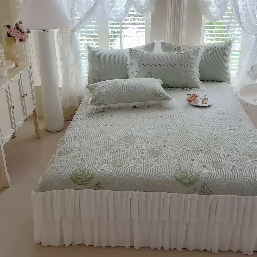 91家纺网 家纺一手货源 找家纺 绒棉世家 2026新款A类凉感豆豆席三件套床裙款软席子 花韵-清新绿