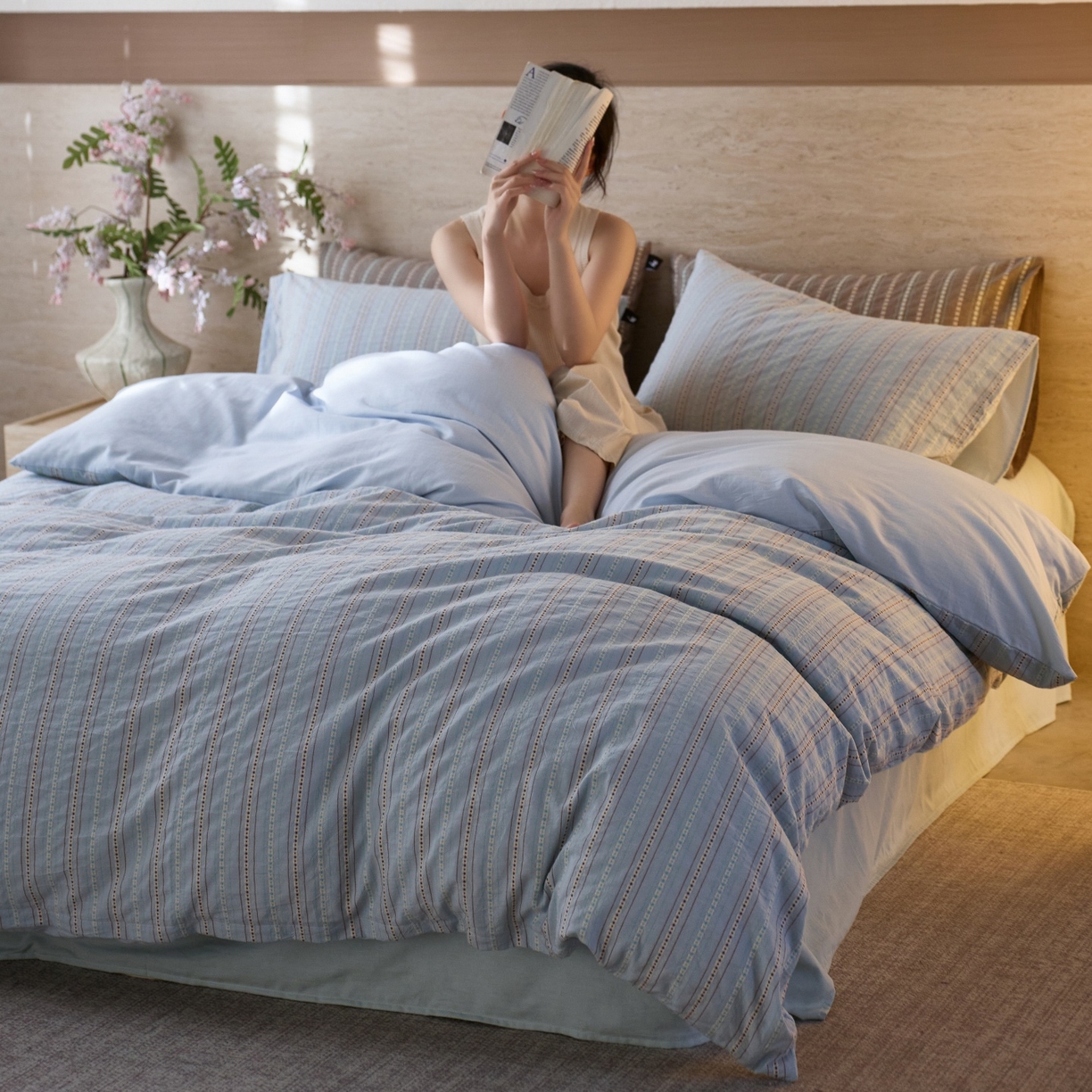 91家纺网 家纺一手货源 找家纺 安莱生活 2026春夏新款水洗棉全棉色织大提花春日絮语四件套 春日絮语系列（券后最低控价319） 春日絮语-浅蓝