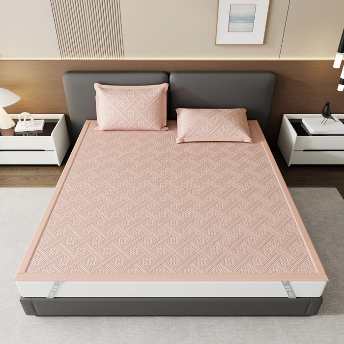 91家纺网 家纺一手货源 找家纺 宜派家纺 2026新款PE凉感冰丝席三件套-床席款 织序 -粉